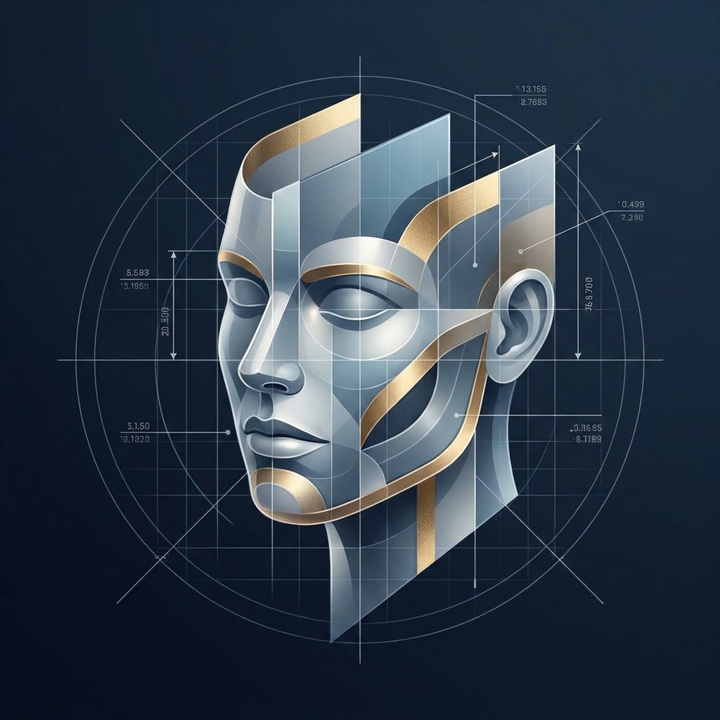 Abstract illustration representing penile filler placement technique precision with layered geometric forms and measurement lines