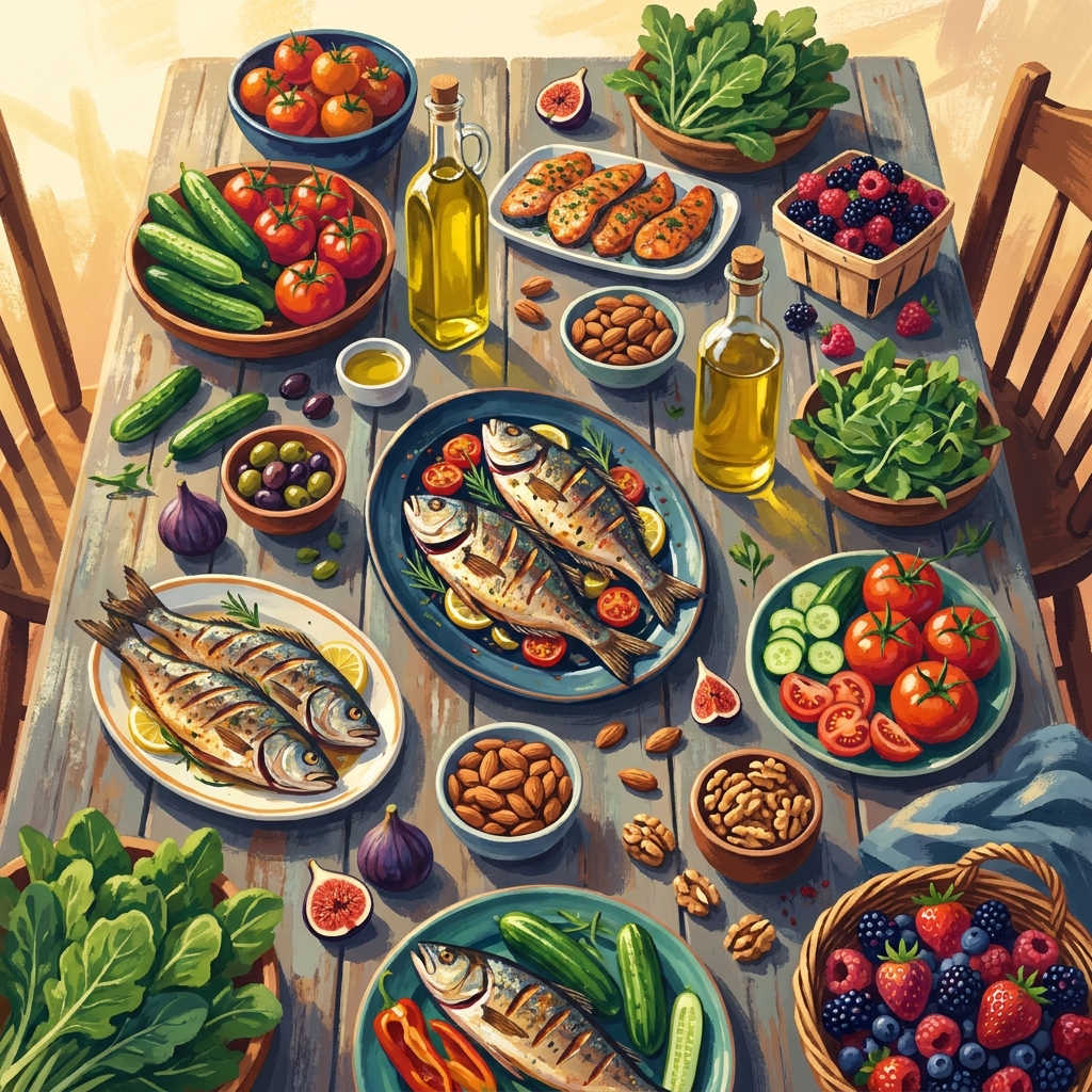 Colorful Mediterranean anti-inflammatory foods for good erection health arranged on a rustic table