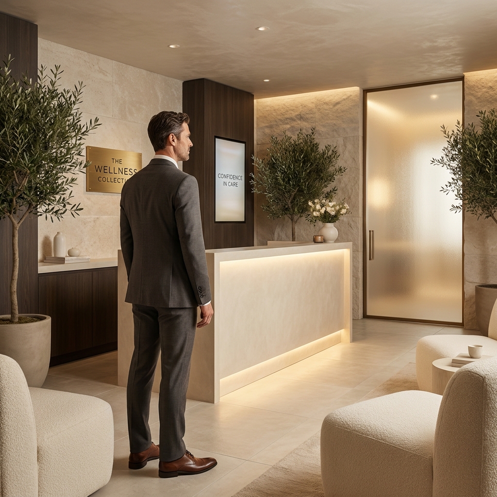 Confident man in a modern medical spa, representing the positive outcomes patients experience after increased girth procedures.