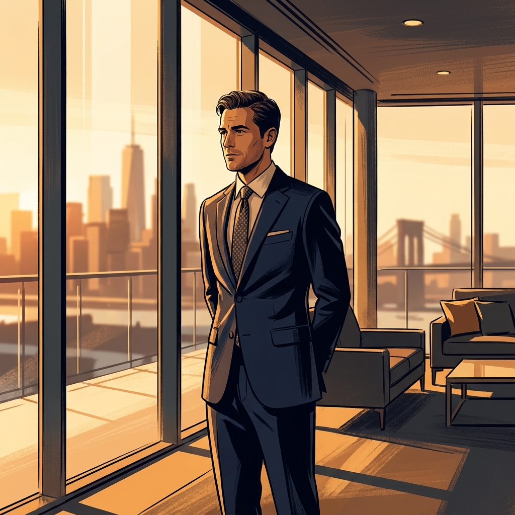 Confident man standing tall in modern setting, representing penis enlargement sexual wellness improvement through mind-body confidence