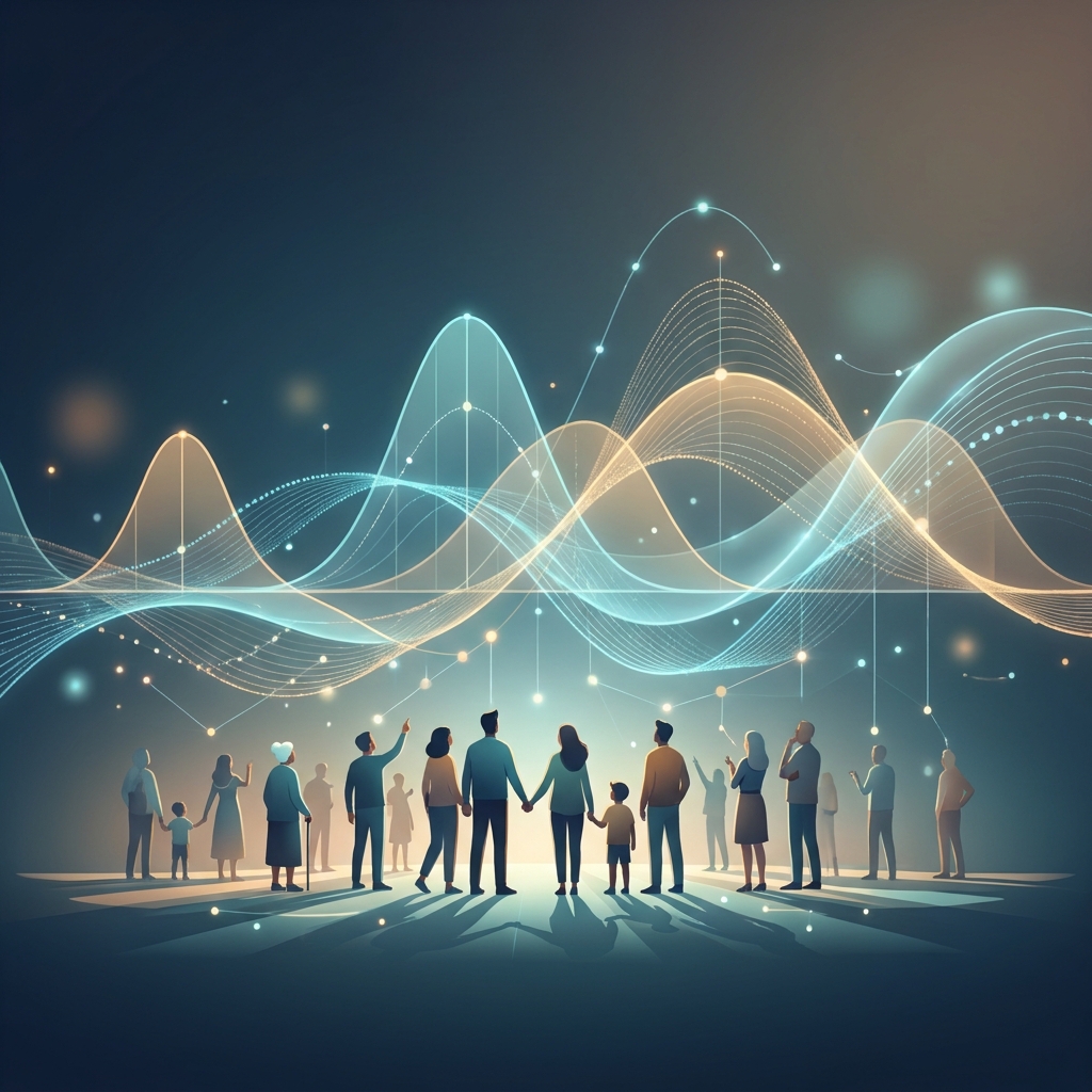 Abstract illustration of diverse human silhouettes beneath statistical bell curves, representing individual variation across populations