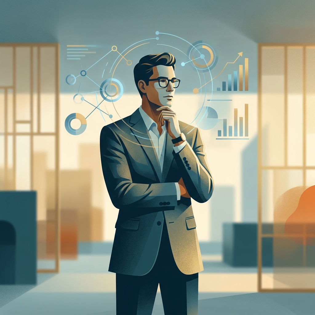 Confident man with subtle data visualization elements representing average penile length research and clinical findings