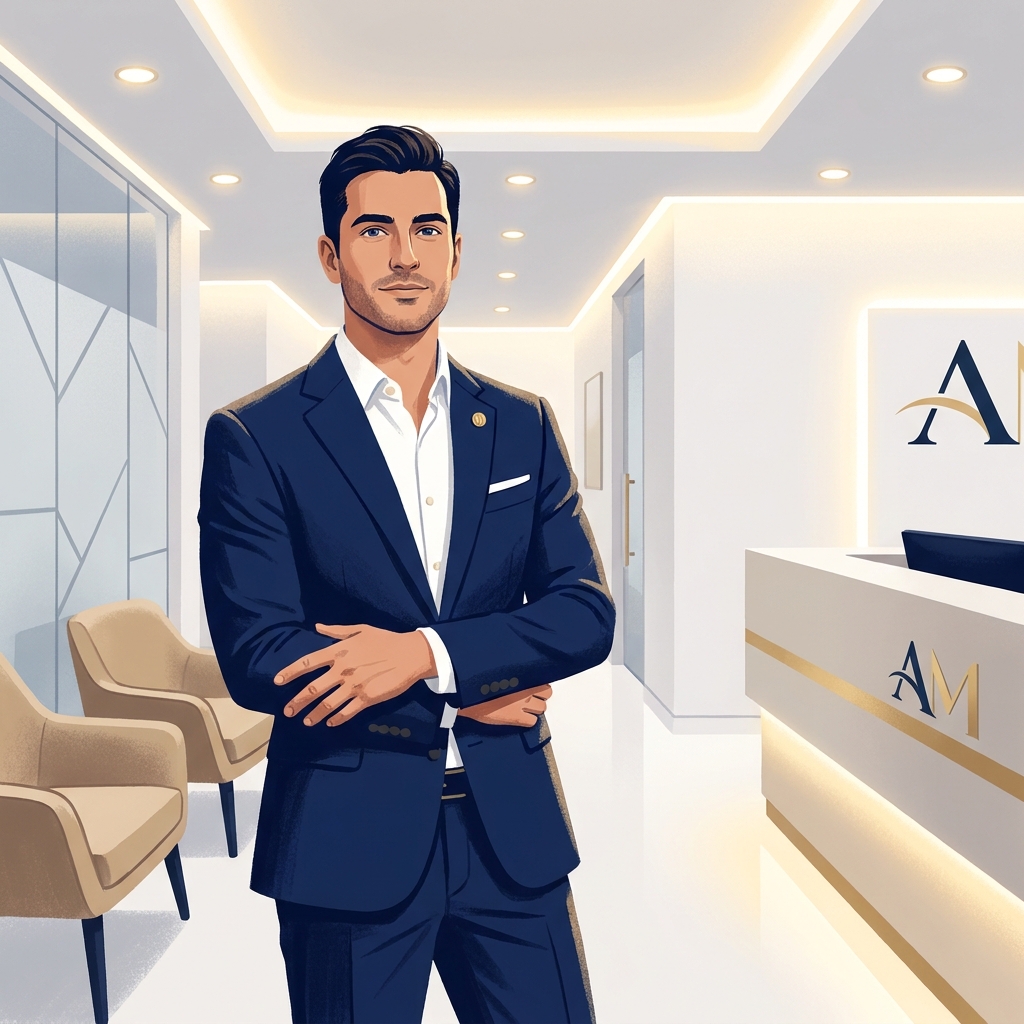 Confident man in a modern medical aesthetics clinic representing physician-led penis girth enhancement medical aesthetics standards.
