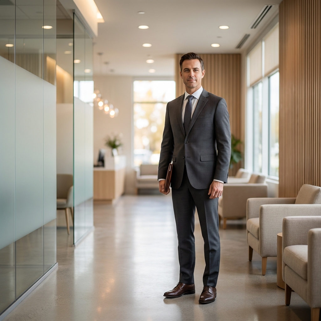 Confident man in modern medical clinic, representing the life-changing results of learning how to gain girth safely.