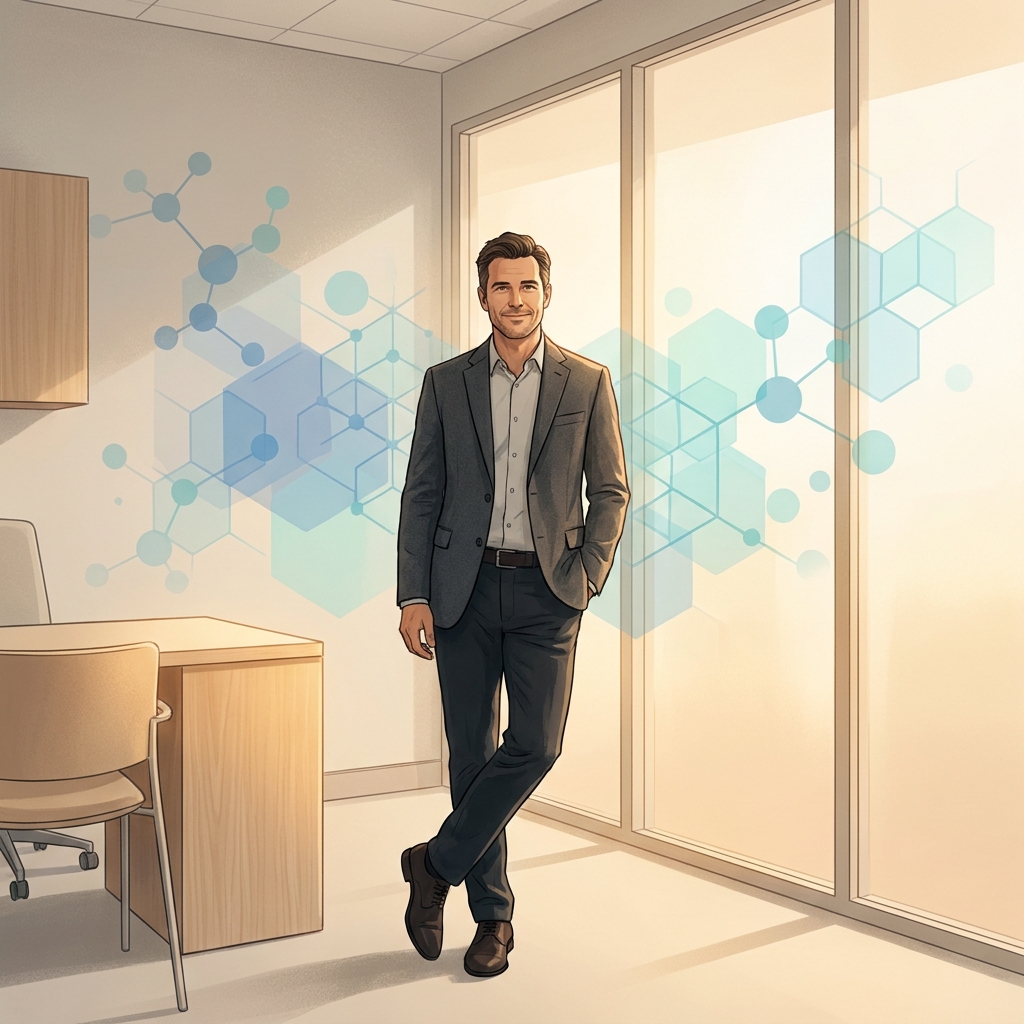 Confident man in a modern medical consultation room with abstract scientific structures, representing girth enhancement science.