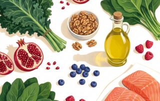 Colorful spread of heart-healthy whole foods that help with ED, including pomegranates, leafy greens, and walnuts
