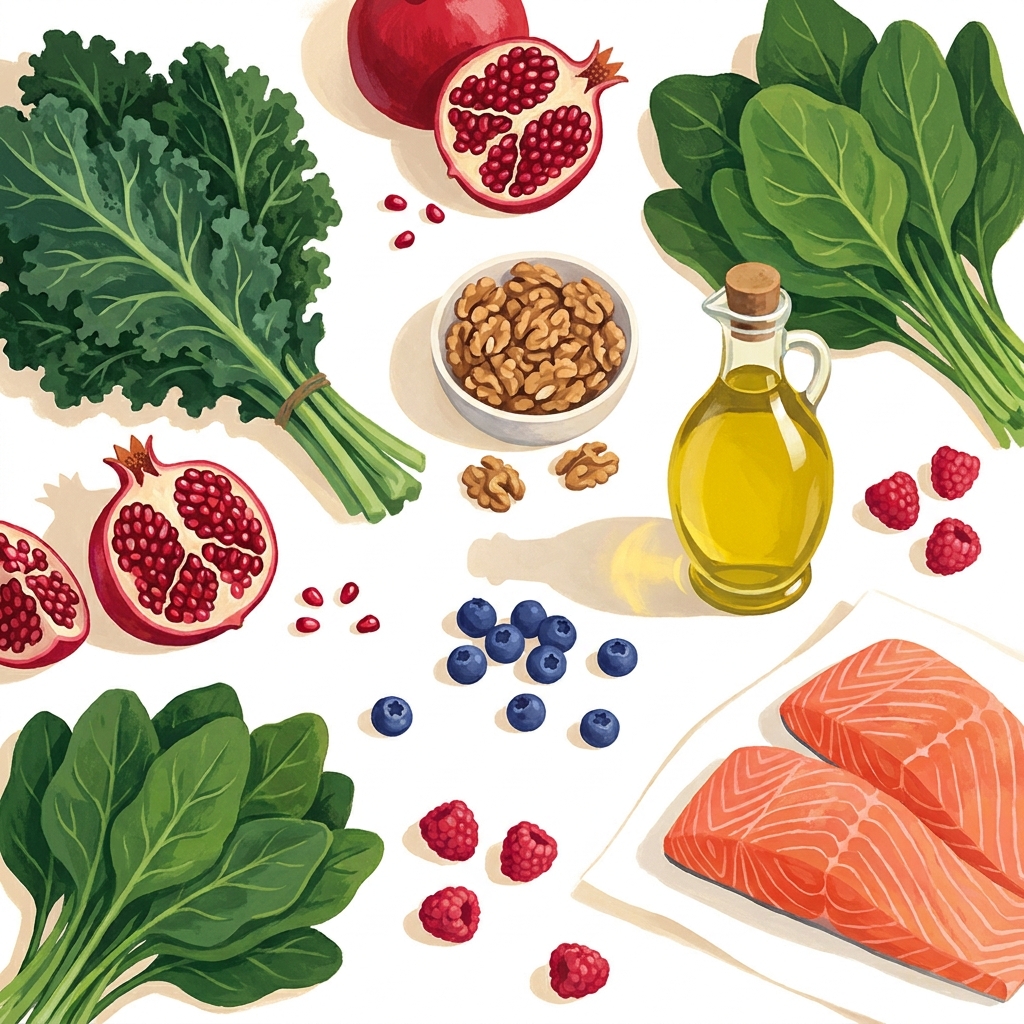 Colorful spread of heart-healthy whole foods that help with ED, including pomegranates, leafy greens, and walnuts