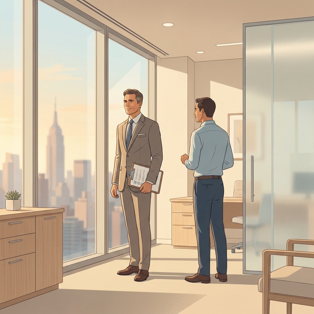 Confident man reviewing a provider verification checklist in a modern NYC medical office — penile enhancement trusted NYC provider