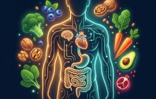 Stylized illustration showing diet and gut-hormone pathways supporting men's health and ED recovery