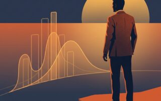 Stylized illustration of a confident man with subtle data visualization elements representing average size for men statistics