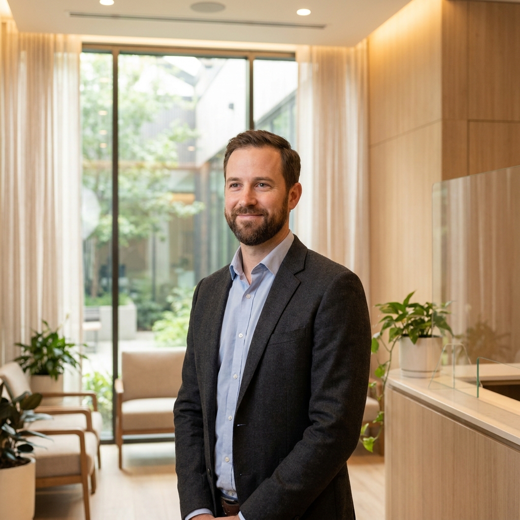 Confident man in a modern medical wellness clinic, representing the positive outcomes of scrotoplasty before and after evaluation.