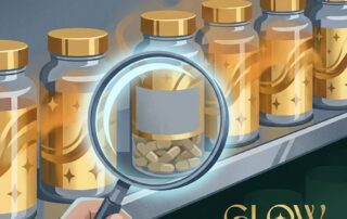 Magnifying glass exposing the truth behind male enhancement pills over the counter on a pharmacy shelf