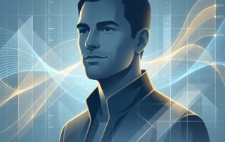 Confident man surrounded by abstract data visualizations representing body measurement percentiles and giantess calculator insights