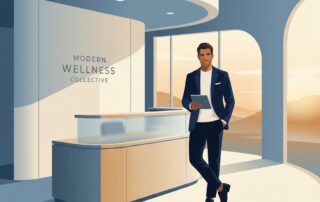 Confident man in modern medical spa setting representing Scrotox and botox on balls aesthetic treatments