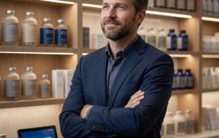 Confident man reviewing male enhancement pills sold in stores, standing in a modern pharmacy aisle