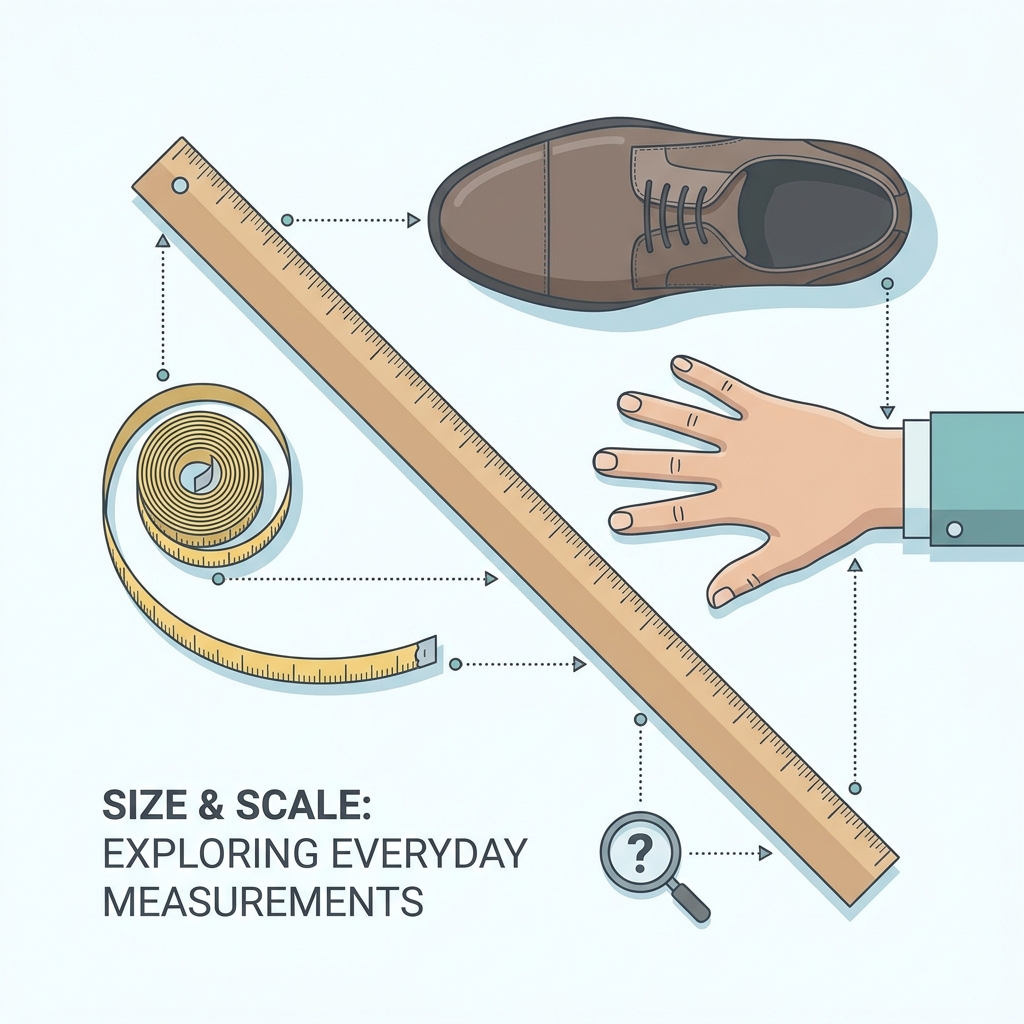 Illustrated flat-lay of everyday objects like a ruler and shoe, representing folk methods used to predict a guy's size