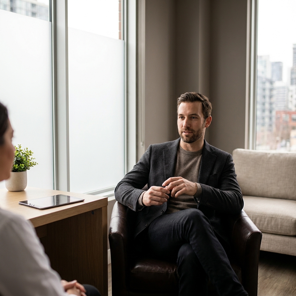 Confident man in modern clinic setting, representing male cosmetic procedures consultation